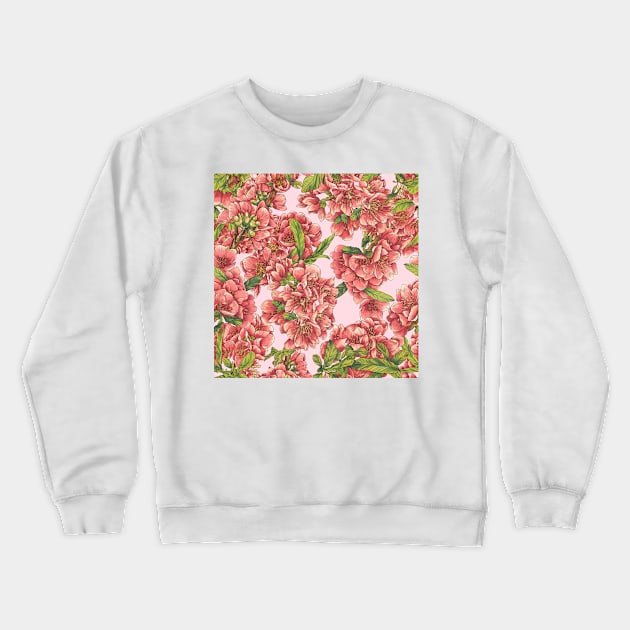 Watercolor quince branch on pink Crewneck Sweatshirt by orsinha